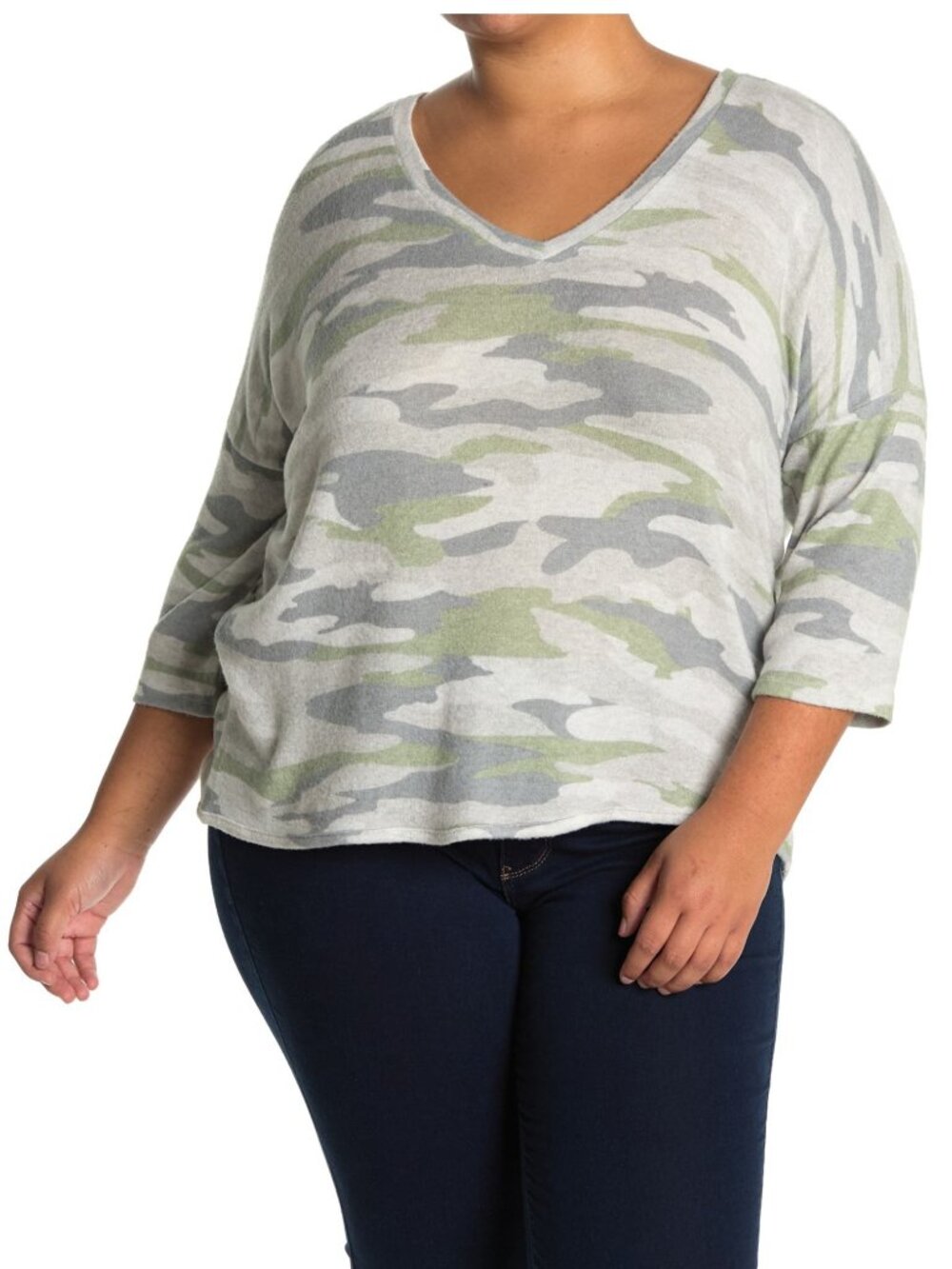 Philosophy Camo Soft V-Neck Sweater High Low Pullover Top Gray Green Size 1X NEW